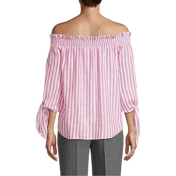 Michael Kors Women Pink Stripe Cerise Linen Off-the-Shoulder Blouse Top Size XS - Picture 4 of 5